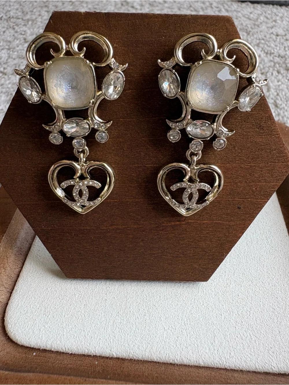 CHANEL Gold Heart Drop Earrings with Crystal Accents